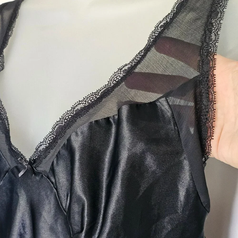 California Dynasty Black Satin‎ Lace Camisole Babydoll Top Size M Whimsigoth 90s